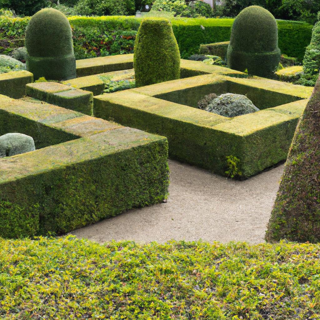 A formal garden with neatly manicured hedges and geometric shapes is a classic representation of garden history.
