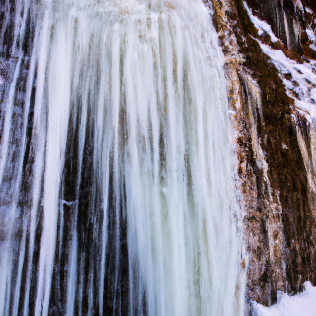 A magnificent frozen waterfall with intricate ice stalactites
