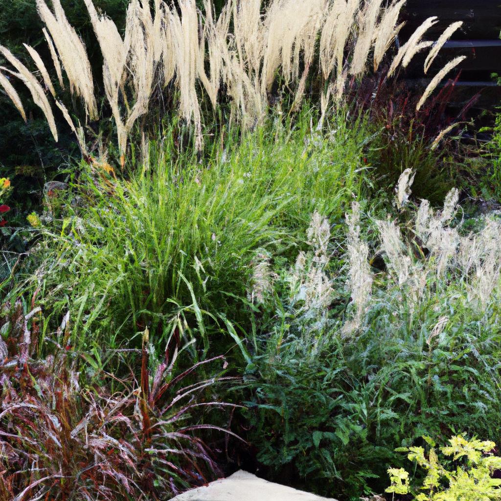 A garden corner with a mix of warm and cool-season ornamental grasses, adding texture and interest to the space