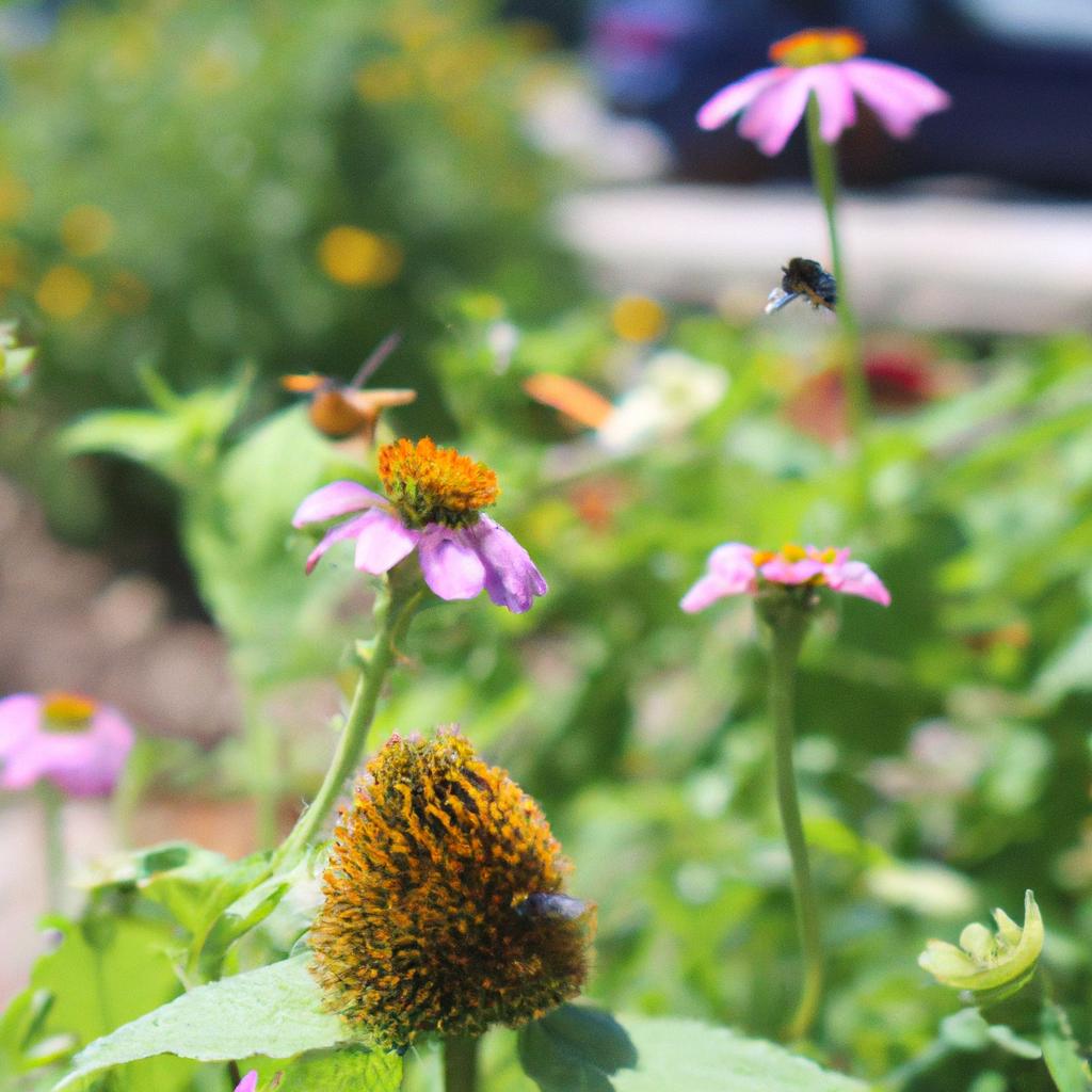 A variety of pollinators gather on flowering plants in a garden.