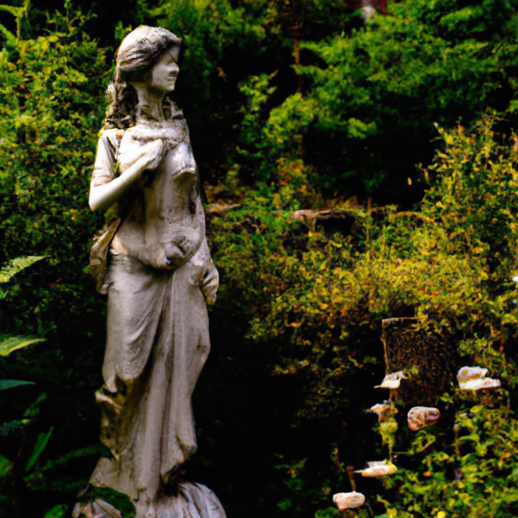 The statue of a graceful woman amidst the flowers in the Garden of Ninfa