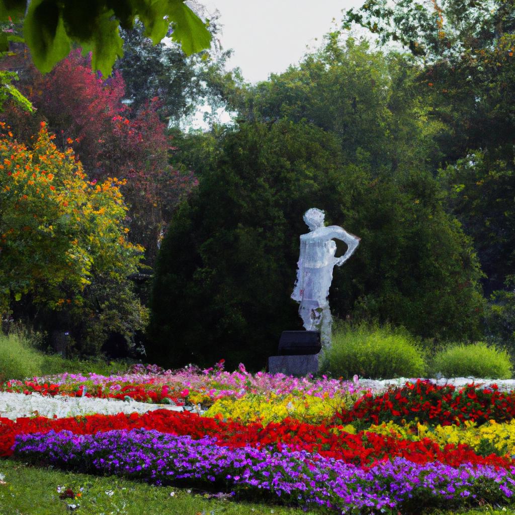 The stunning flower display surrounding the garden park statue
