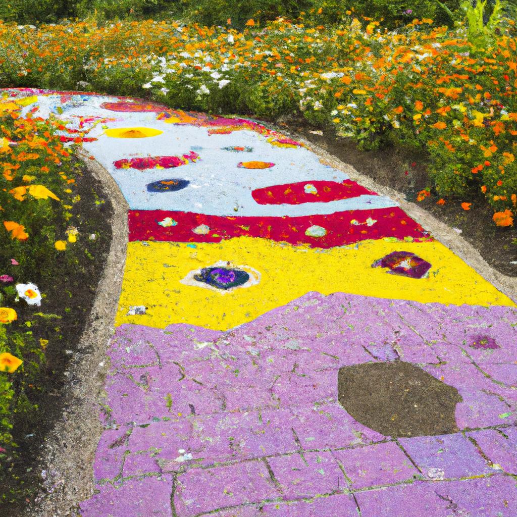 Follow the path of colorful flowers on this mosaic garden walkway.