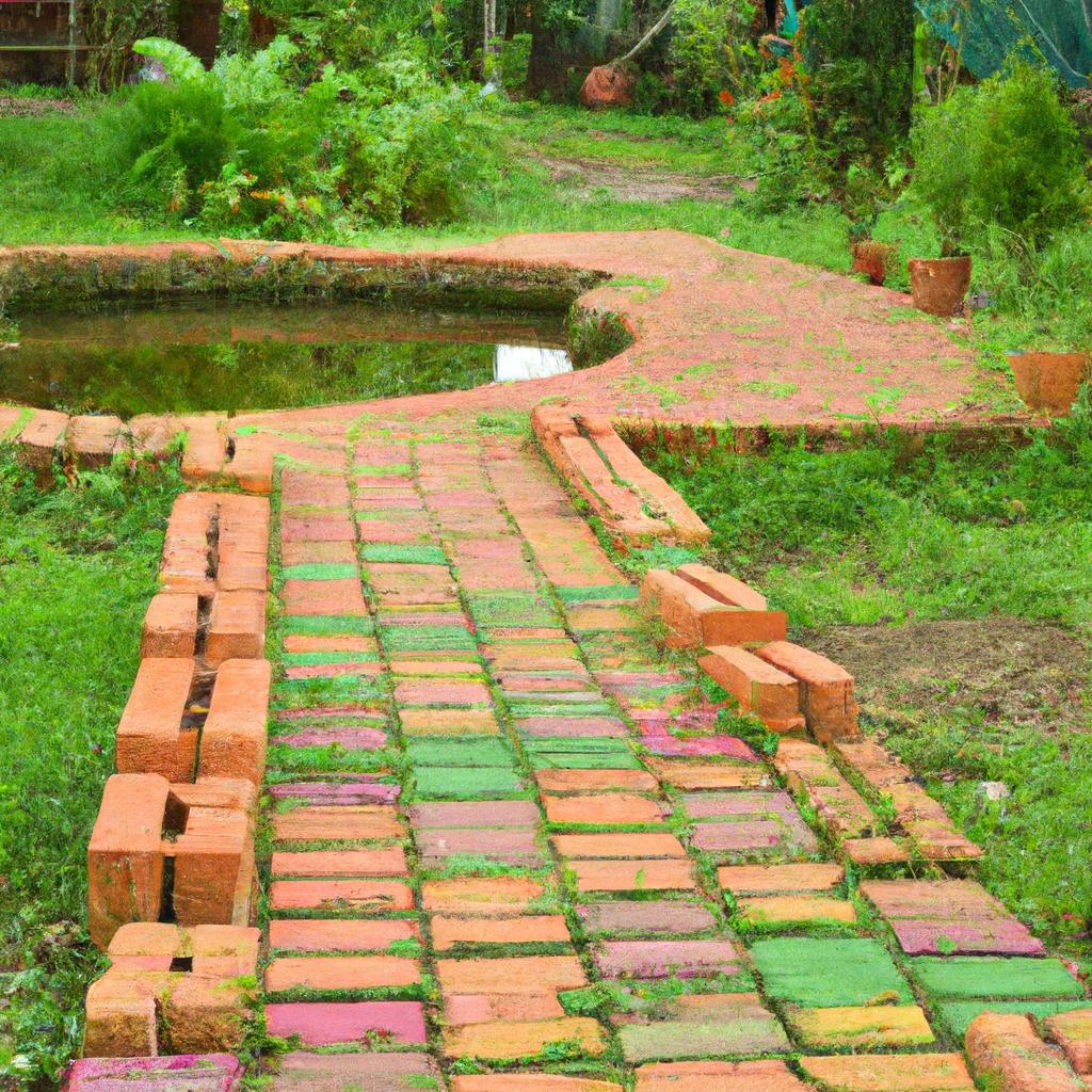 A peaceful garden pathway made of bricks and a small pond on the side, creating a relaxing atmosphere