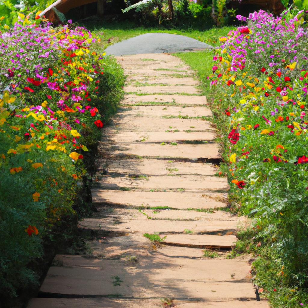 A colorful garden pathway with flowers on both sides leading to a beautiful garden
