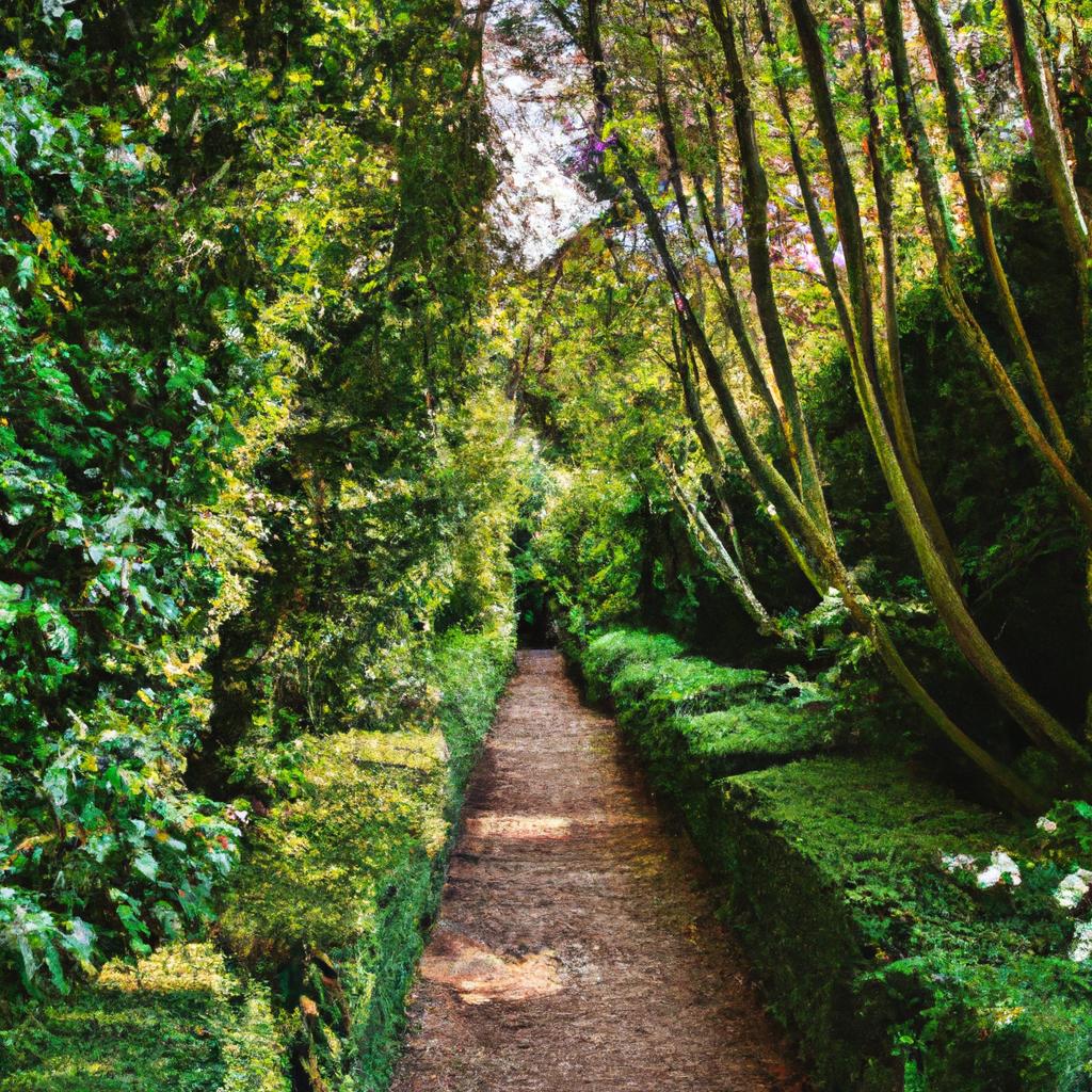 A serene garden pathway surrounded by tall trees and bushes, creating a natural and calming environment
