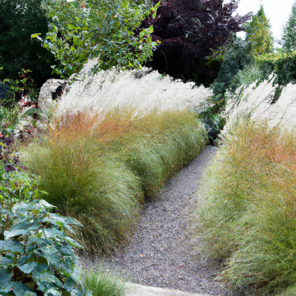 A garden pathway lined with tall and graceful ornamental grasses, creating a serene and natural ambiance
