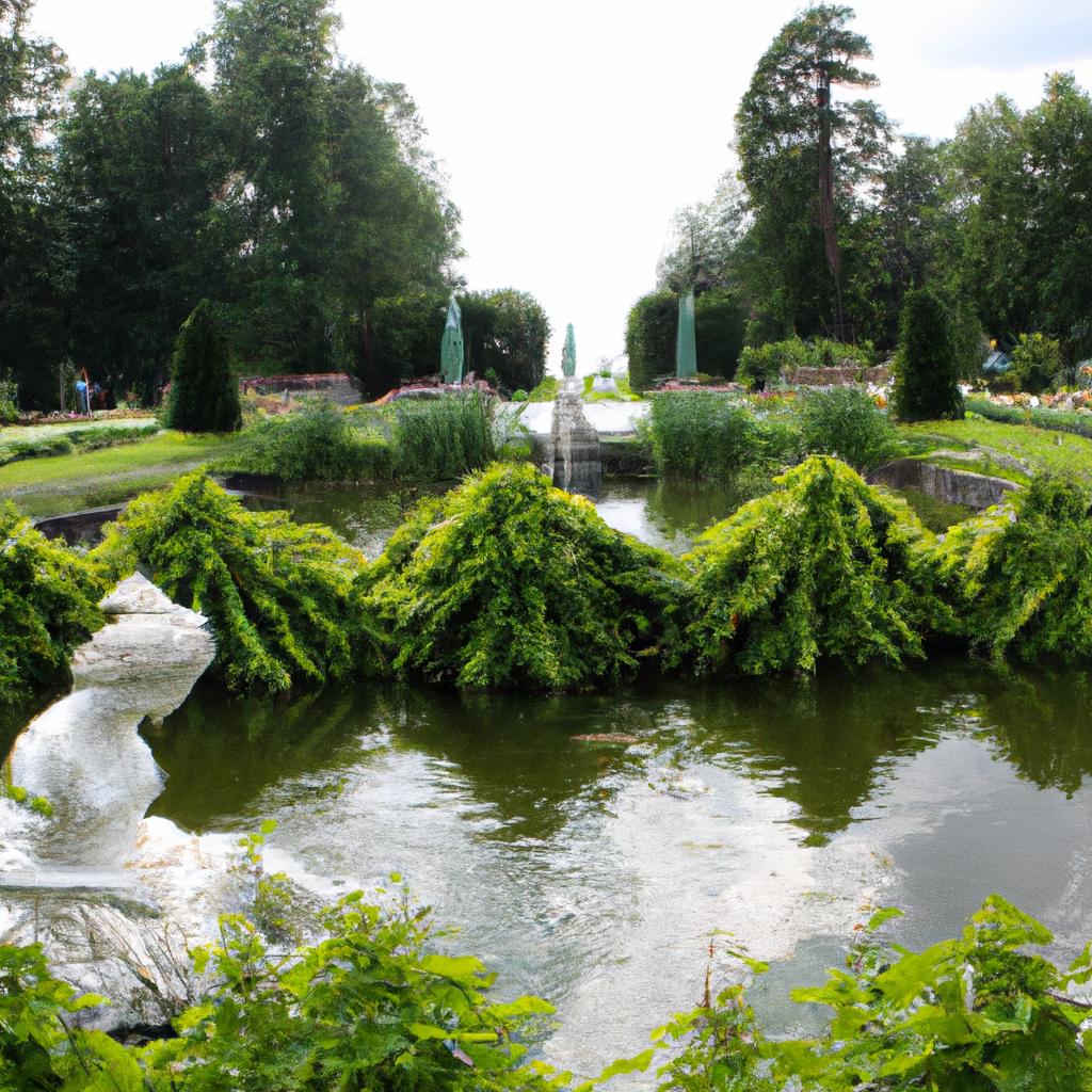 A garden with a beautiful statue of a nymph and a small pond.