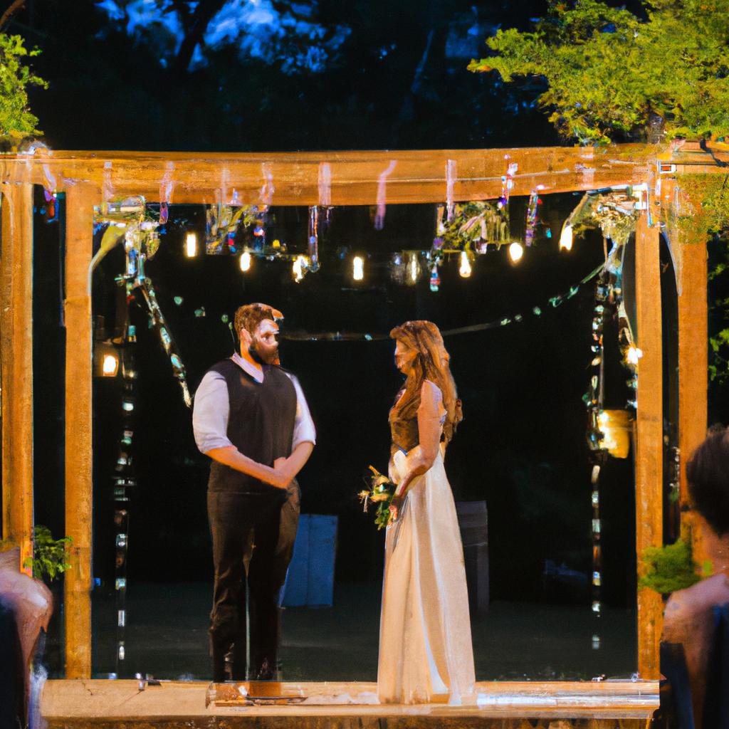 The happy couple exchange their wedding vows in a picturesque garden adorned with lush greenery and twinkling lights