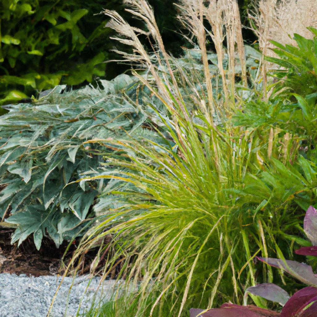 A mix of ornamental grasses and foliage perennials in a garden