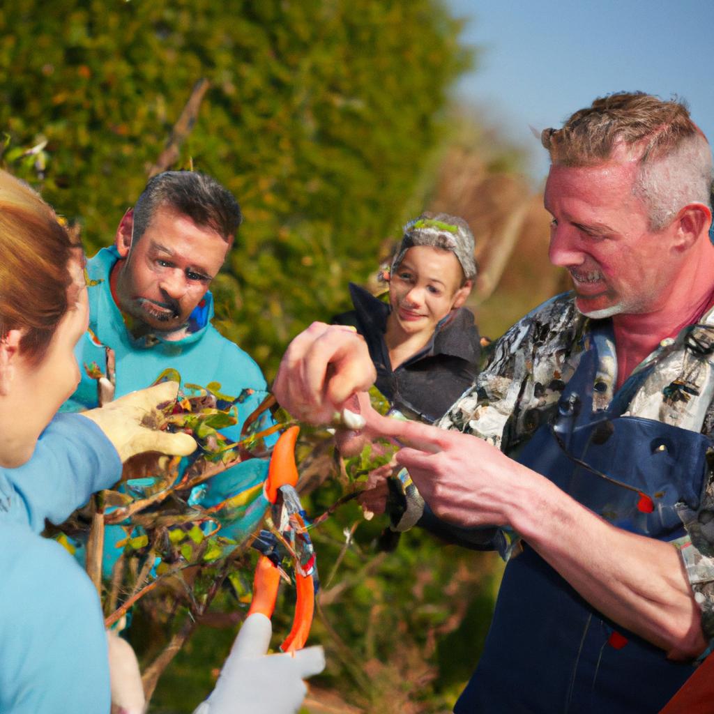 Participants learn the art of pruning from an experienced gardener at a workshop