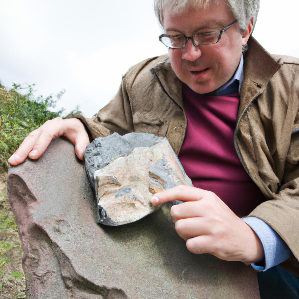 A geologist examining the mineral composition of a rock cut in half to gain insights into its formation.