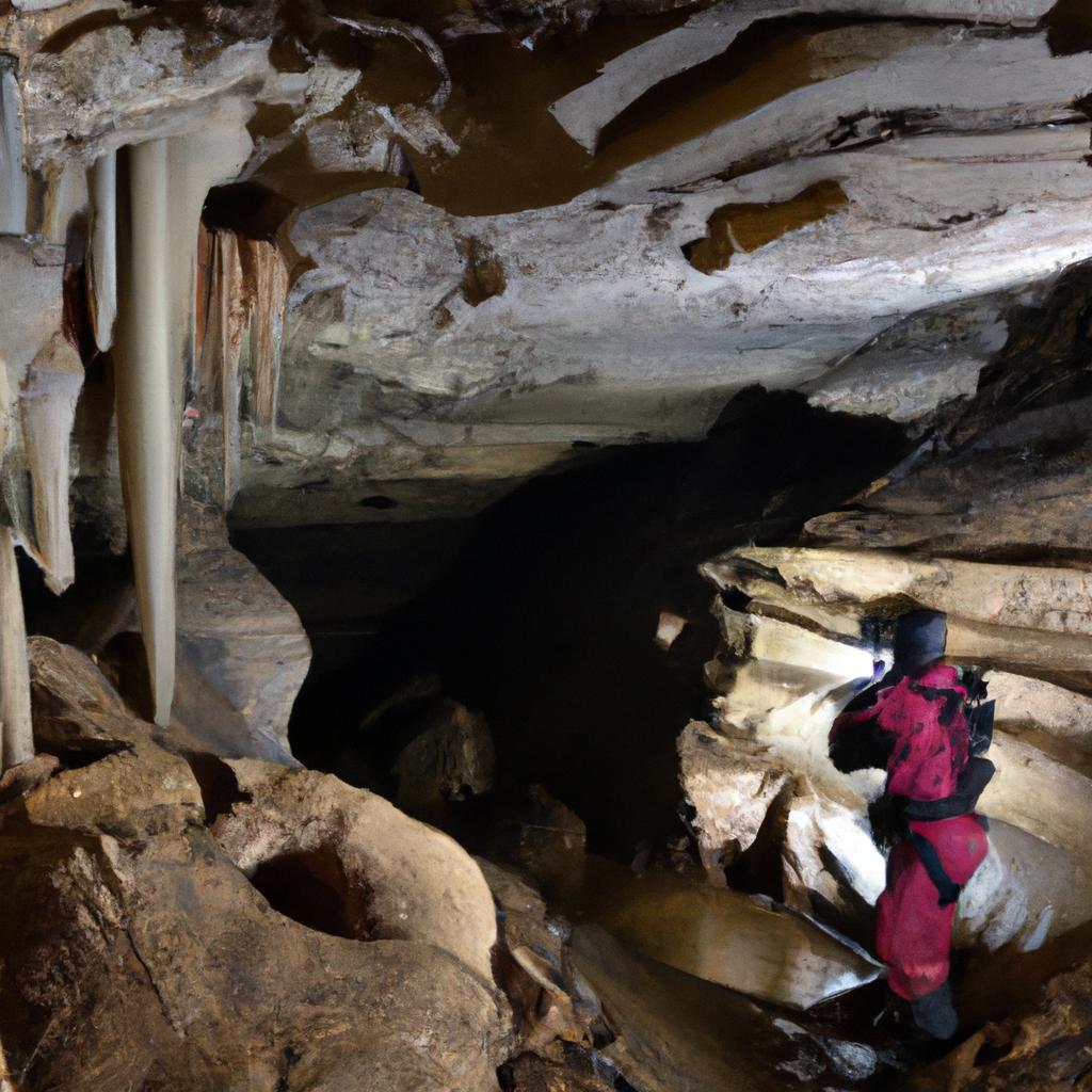 An explorer studies a unique cave formation in Georgia's deepest cave