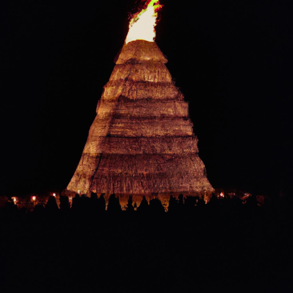 A massive bonfire illuminating the fire man festival.