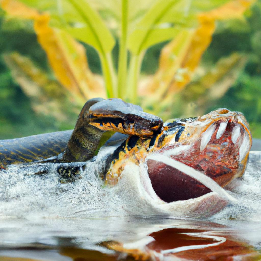 A giant snake ambushing its prey in the water, its powerful jaws clamping down with deadly force.
