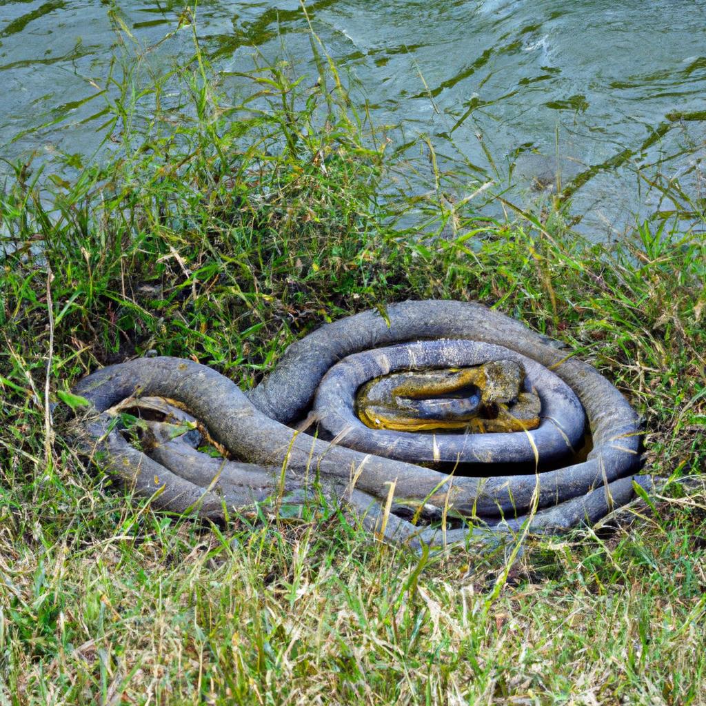 A giant snake rests on the riverbank, its body coiled tightly as it basks in the sun's warmth.