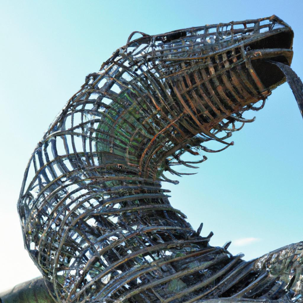 An awe-inspiring serpent sculpture crafted from recycled metal