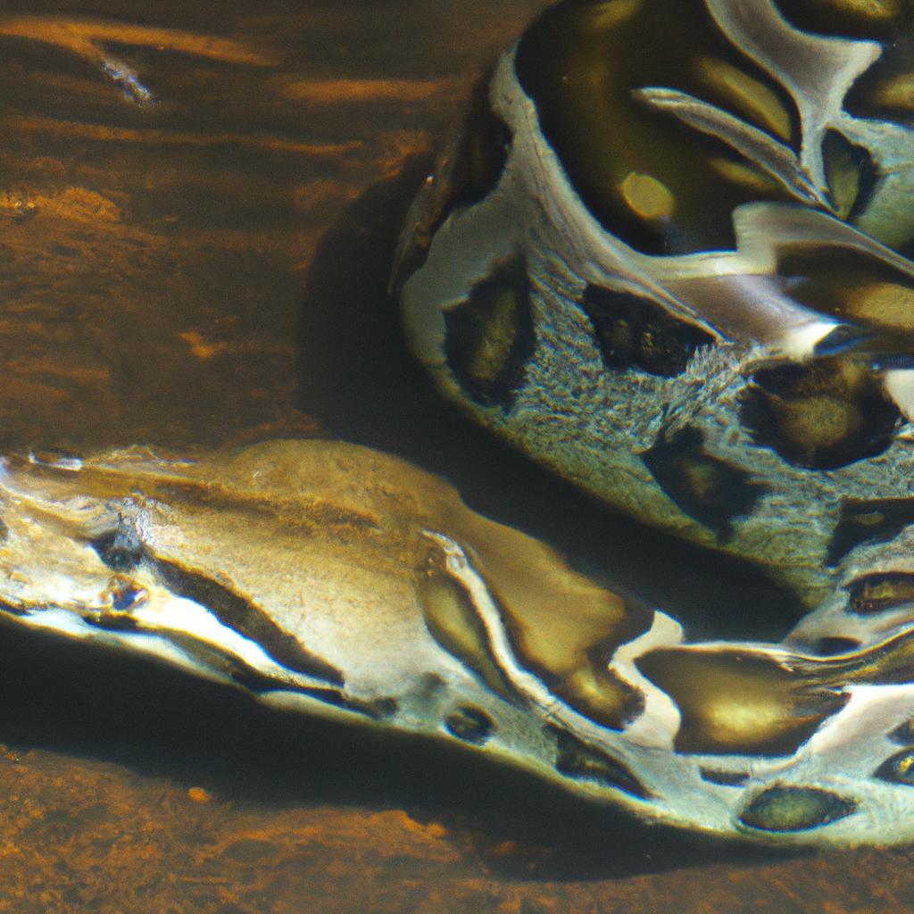 A giant snake glides effortlessly through the water, its powerful body propelling it forward.