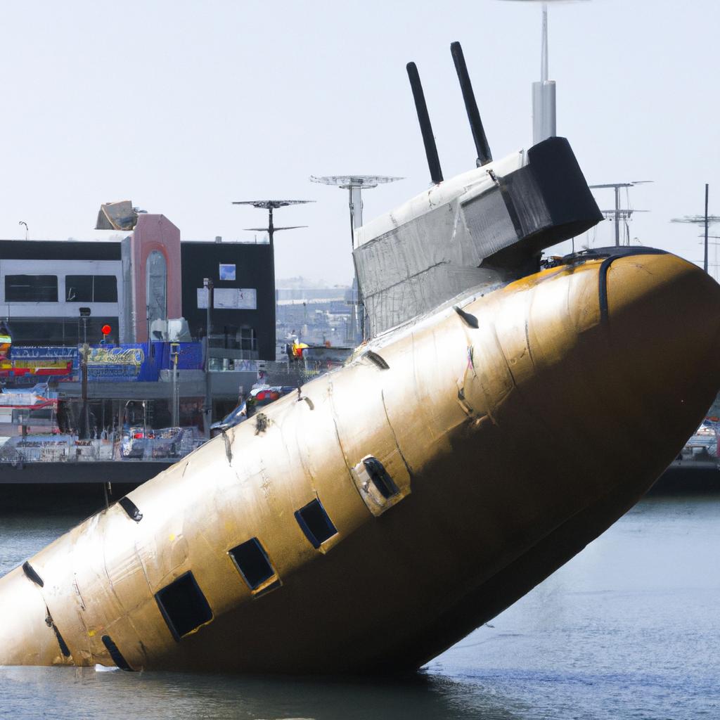 A massive submarine sculpture standing tall in the midst of a bustling harbor
