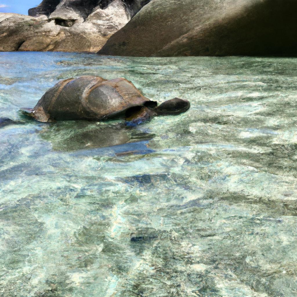 A giant tortoise taking a swim in Seychelles.