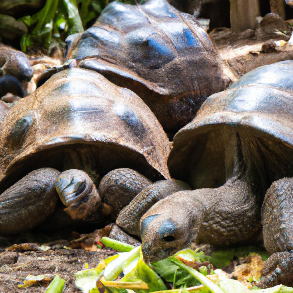 Giant tortoises enjoying a meal in Seychelles.