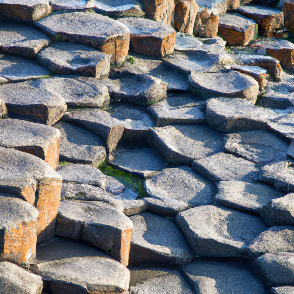 The intricate patterns and textures of the Giant's Causeway columns up close.