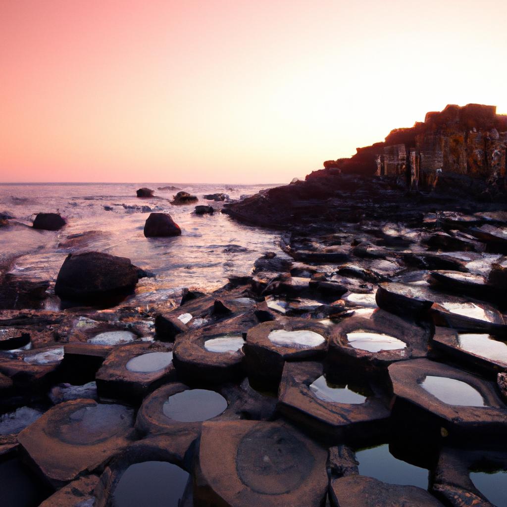 The Giant's Causeway rocks create stunning views during sunrise and sunset.