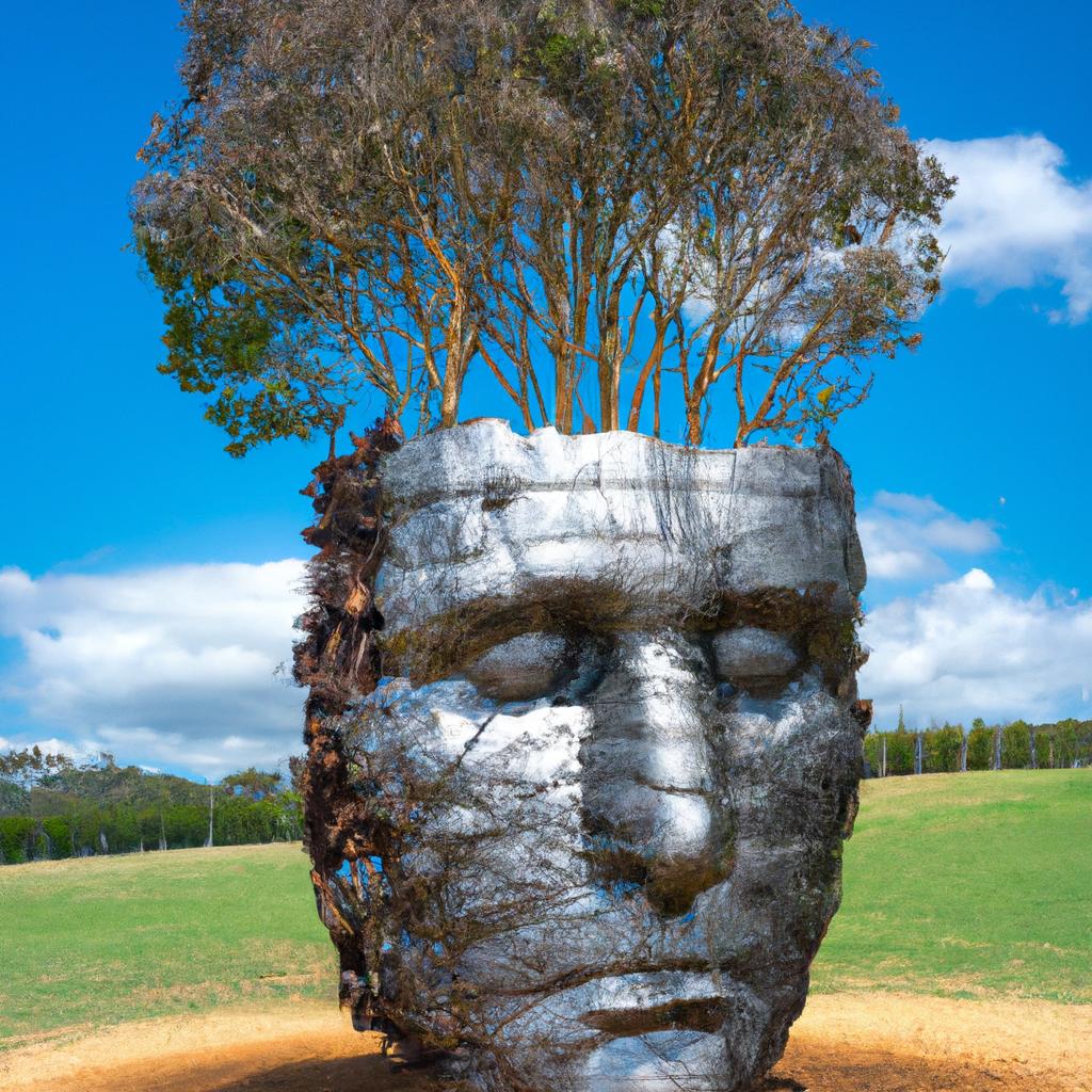 The human head sculpture is a thought-provoking artwork in Gibbs Farm Sculpture Park