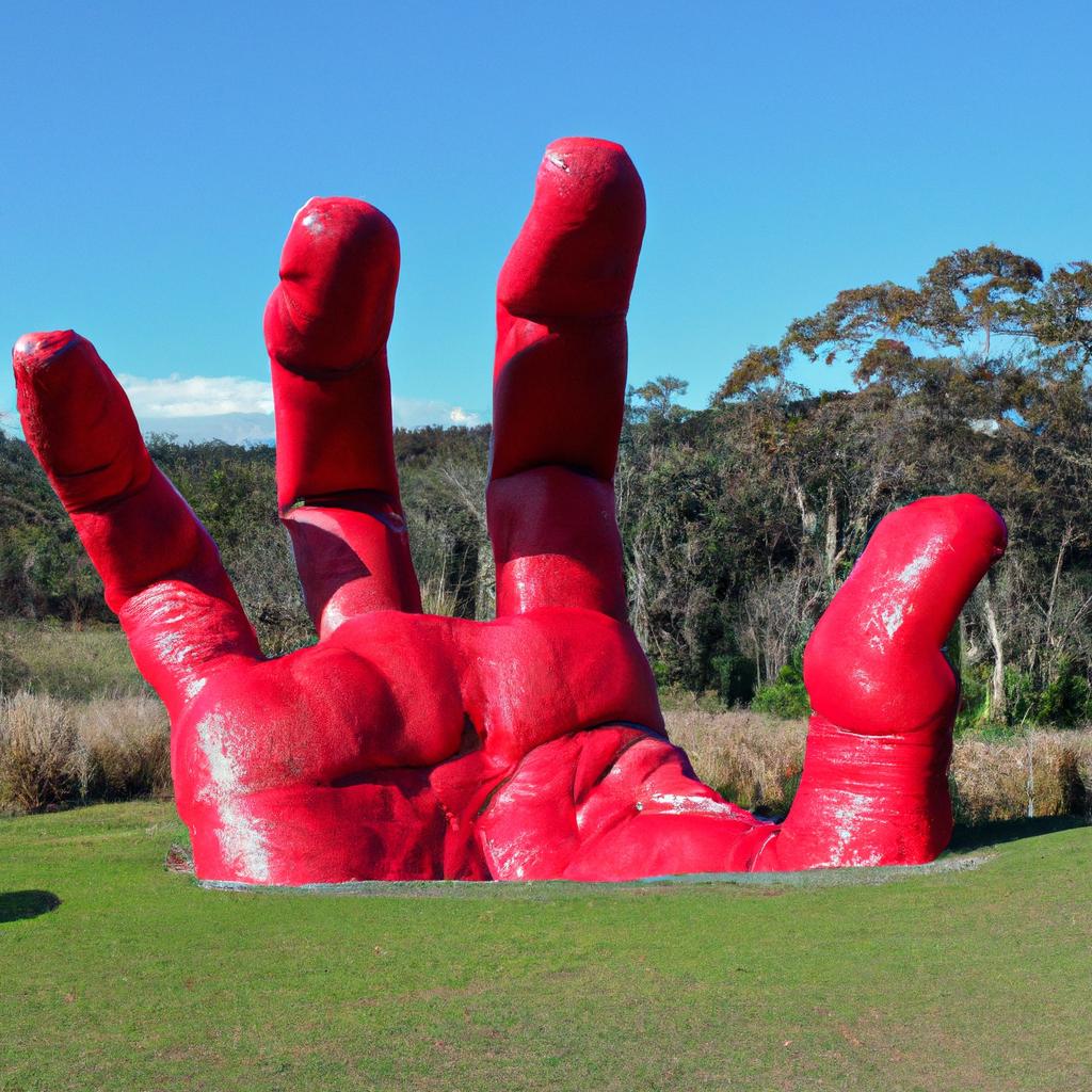 The red hand sculpture is a unique artwork in Gibbs Farm Sculpture Park