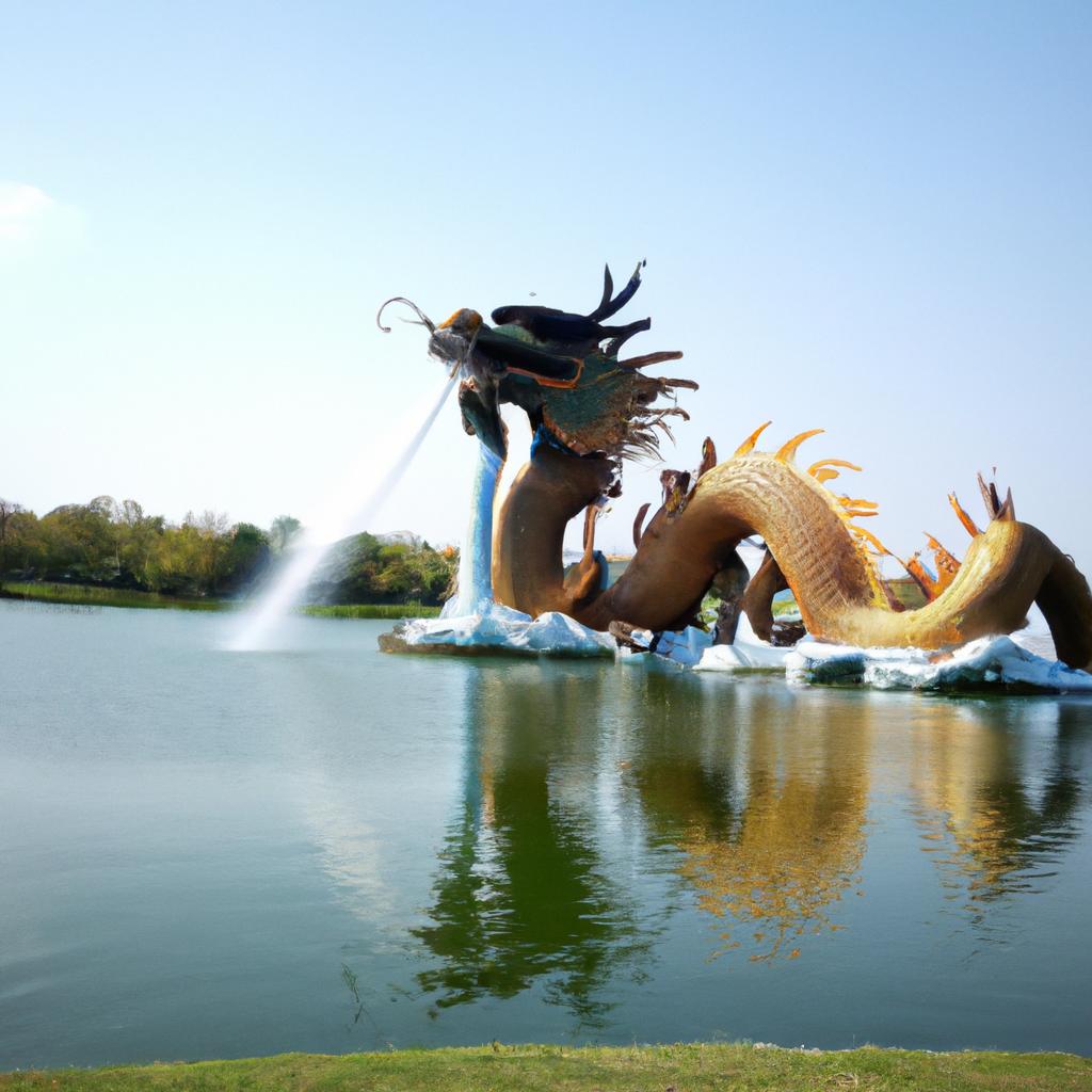 A magnificent giant dragon statue standing in a tranquil pond