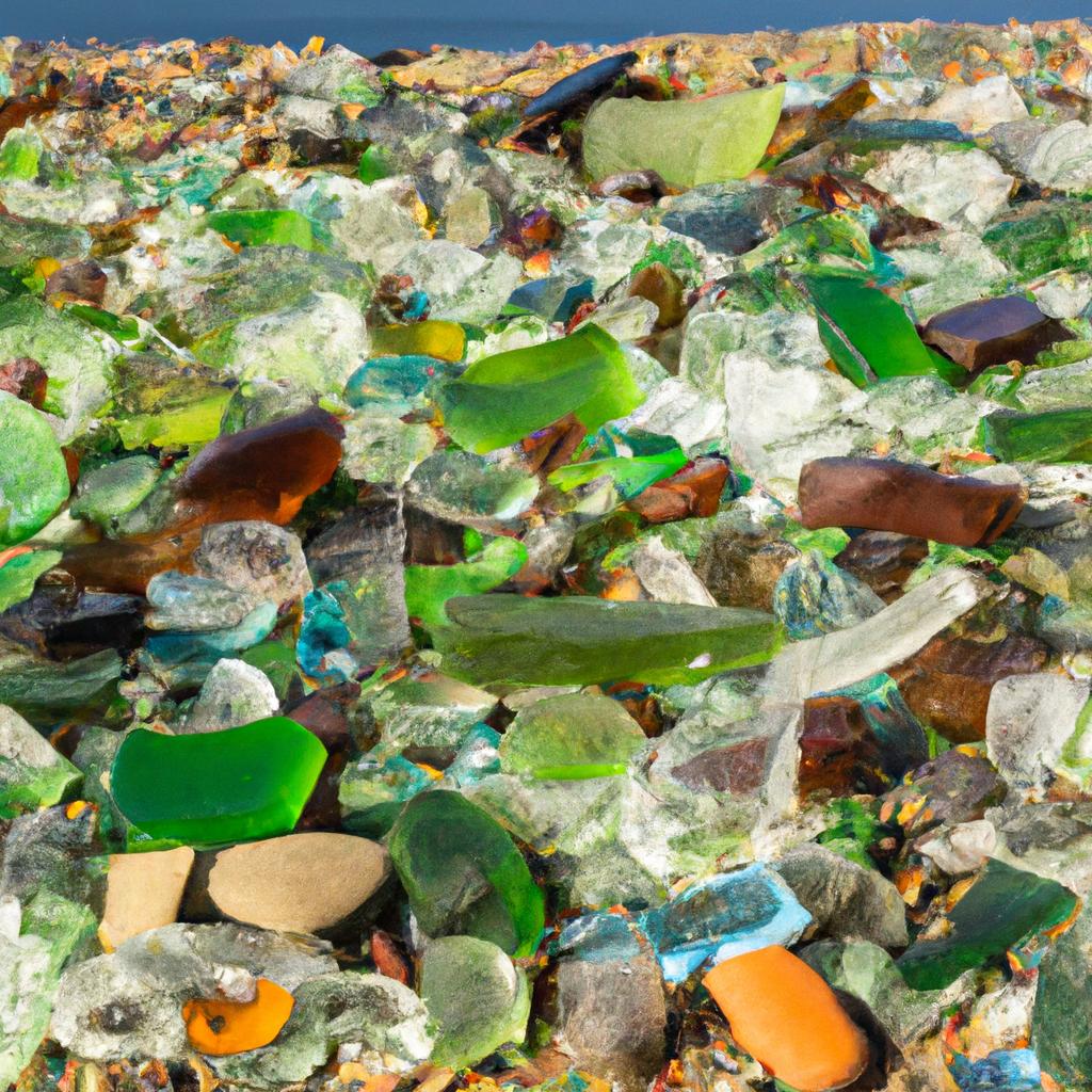 A close-up shot of the colorful glass pieces on the Glass Beach in Russia that form a mosaic-like pattern.