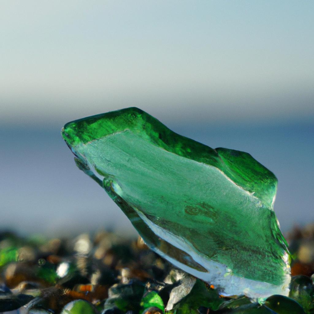 A macro shot of a green glass piece on the Glass Beach in Russia that shows its texture and the way it sparkles under the sun.