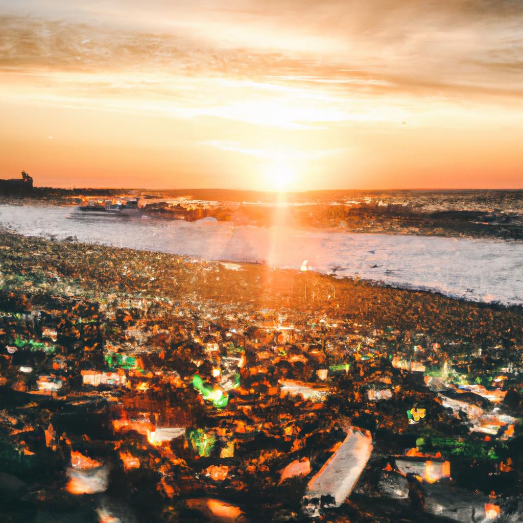 A stunning view of the Glass Beach in Russia during sunset, with the orange and red hues reflecting on the glass pieces.