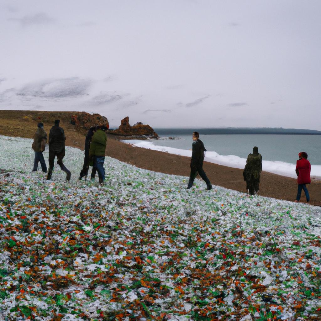 Tourists taking a walk on the Glass Beach in Russia, enjoying the stunning view of the glass pieces reflecting the sunlight.