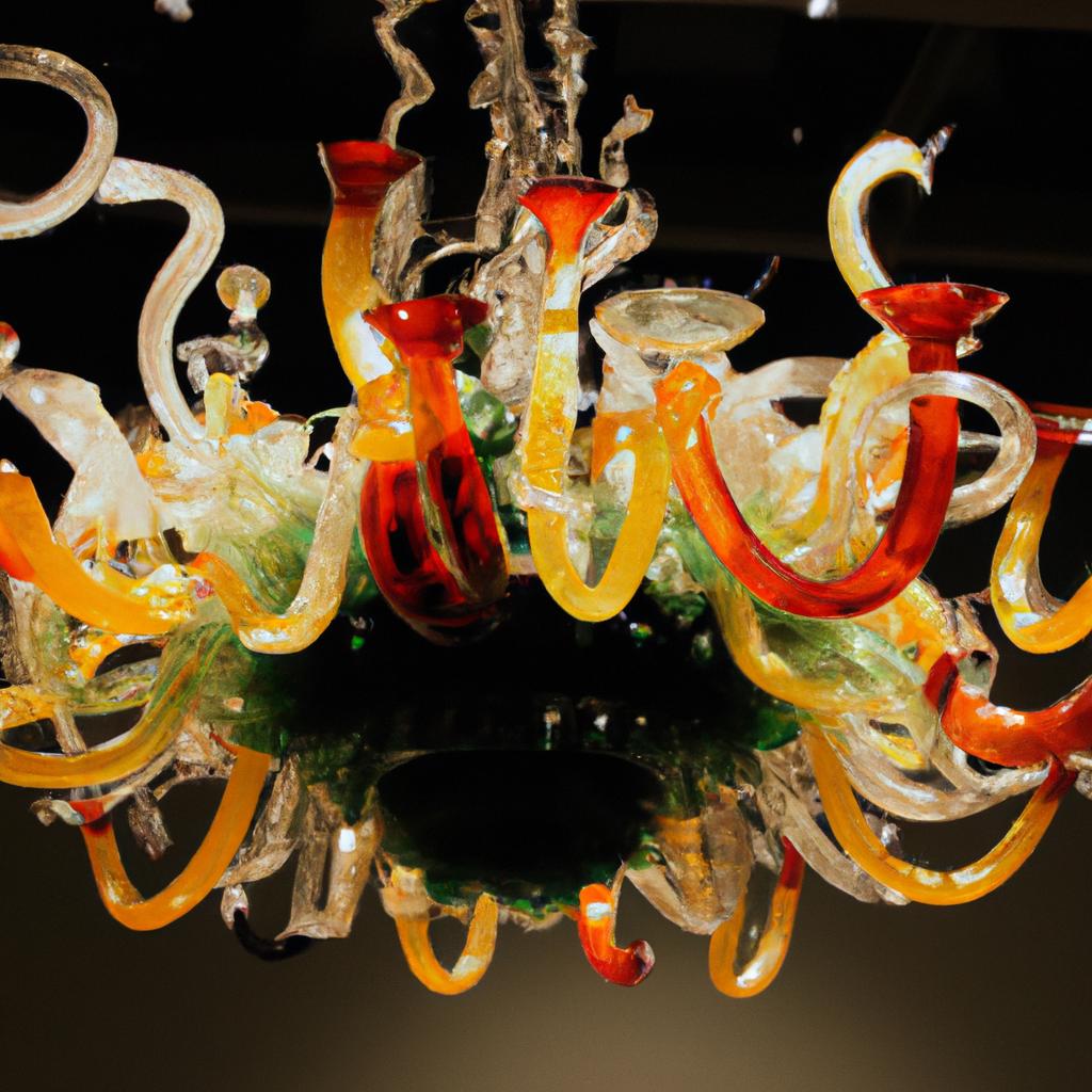 A magnificent glass chandelier suspended from the ceiling of the Seattle Glass Museum.