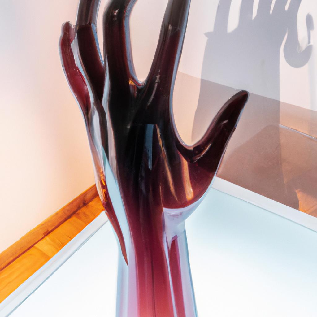 A surreal glass hand sculpture catches the light in a museum gallery