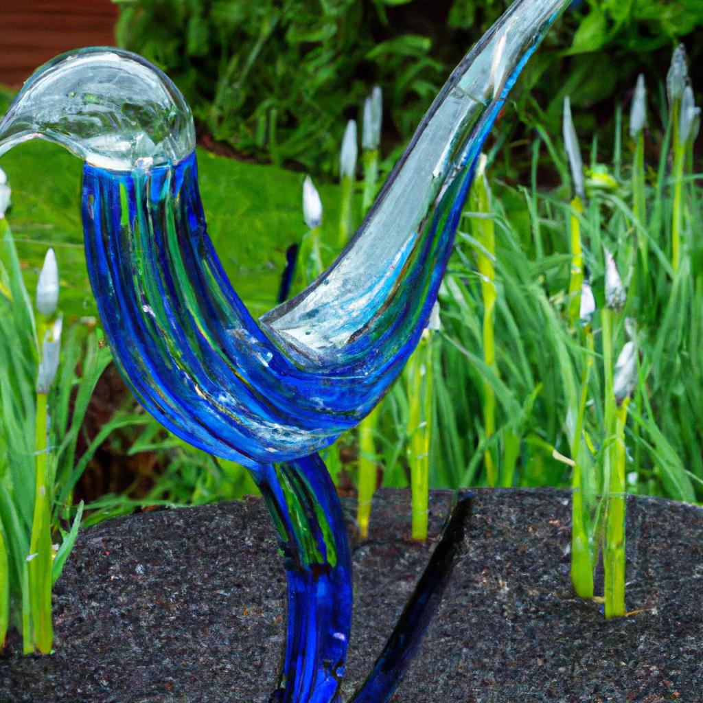 A graceful glass sculpture of a bird at the Seattle glass sculpture garden