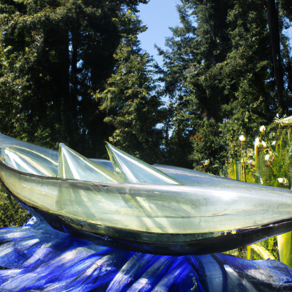 A unique glass sculpture of a boat at the Seattle glass sculpture garden