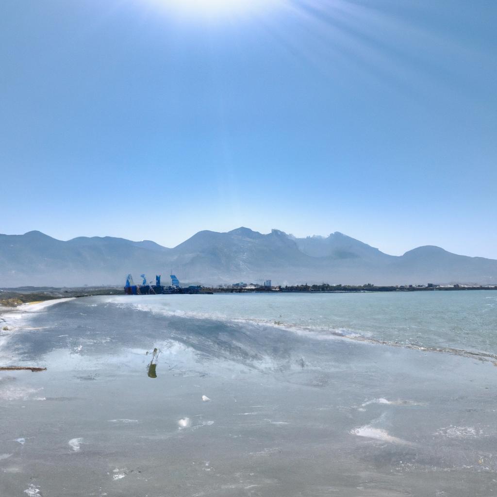 The glitter beach in Iran offers a stunning panoramic view of the surrounding mountains and blue sky