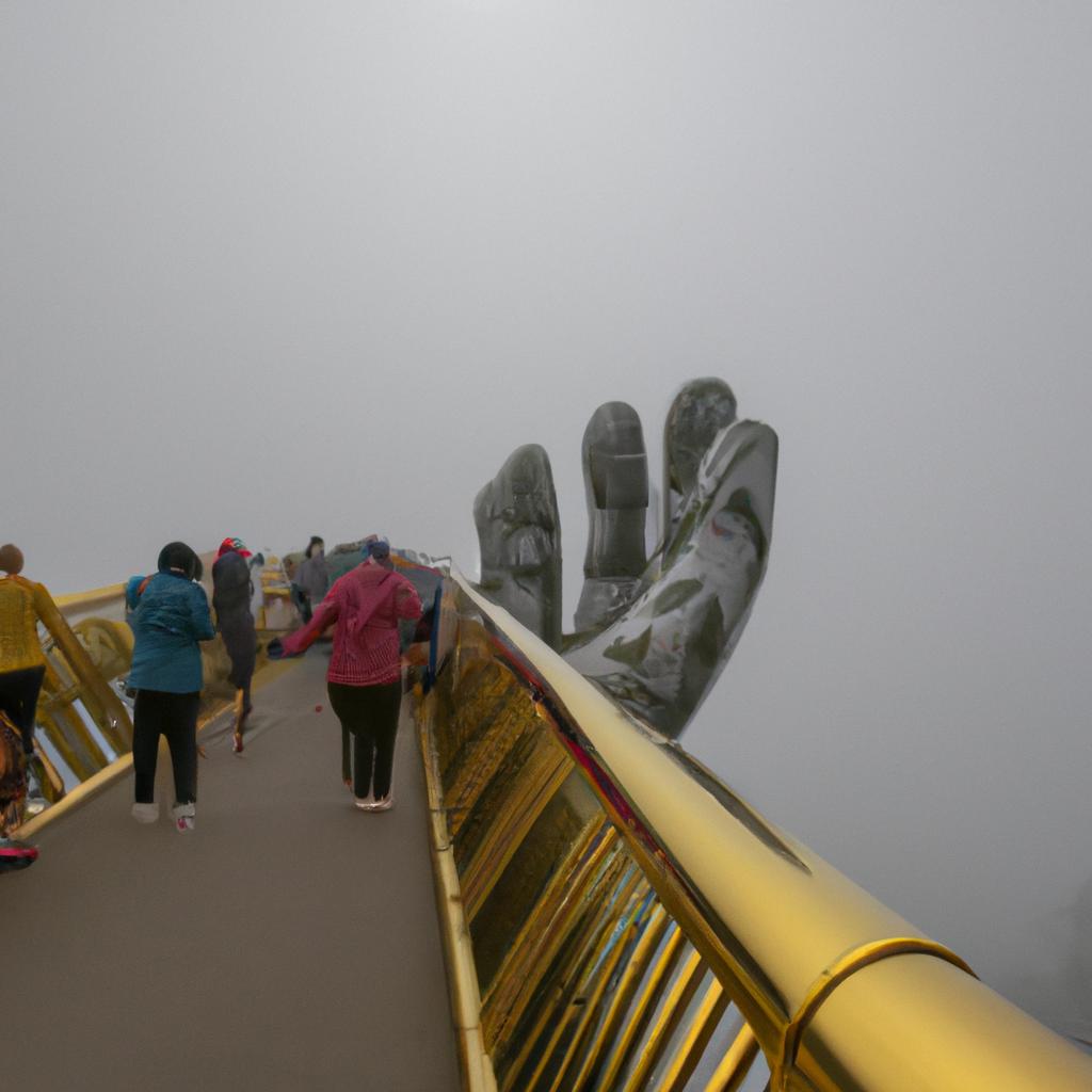 A group of tourists walking along the stunning Golden Bridge Vietnam