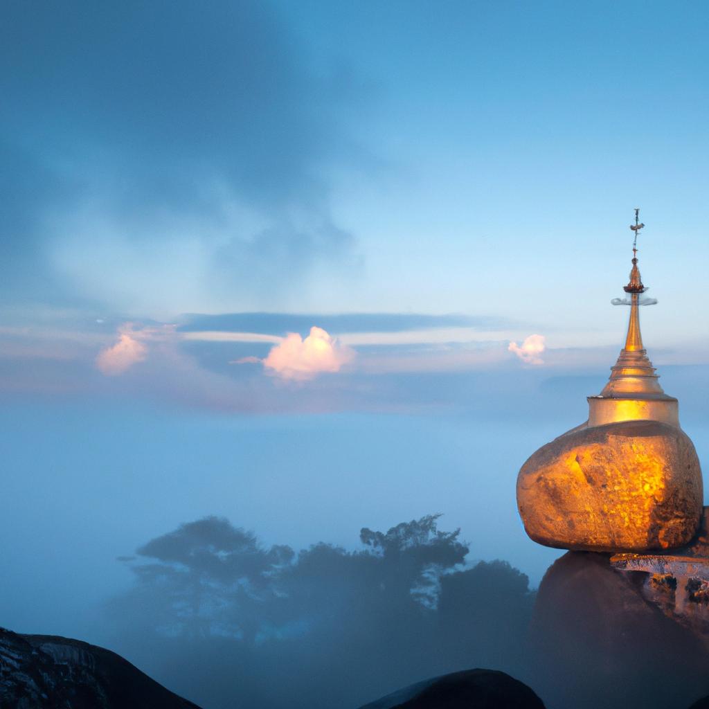 Witness the serene beauty of the Golden Rock Pagoda during sunrise