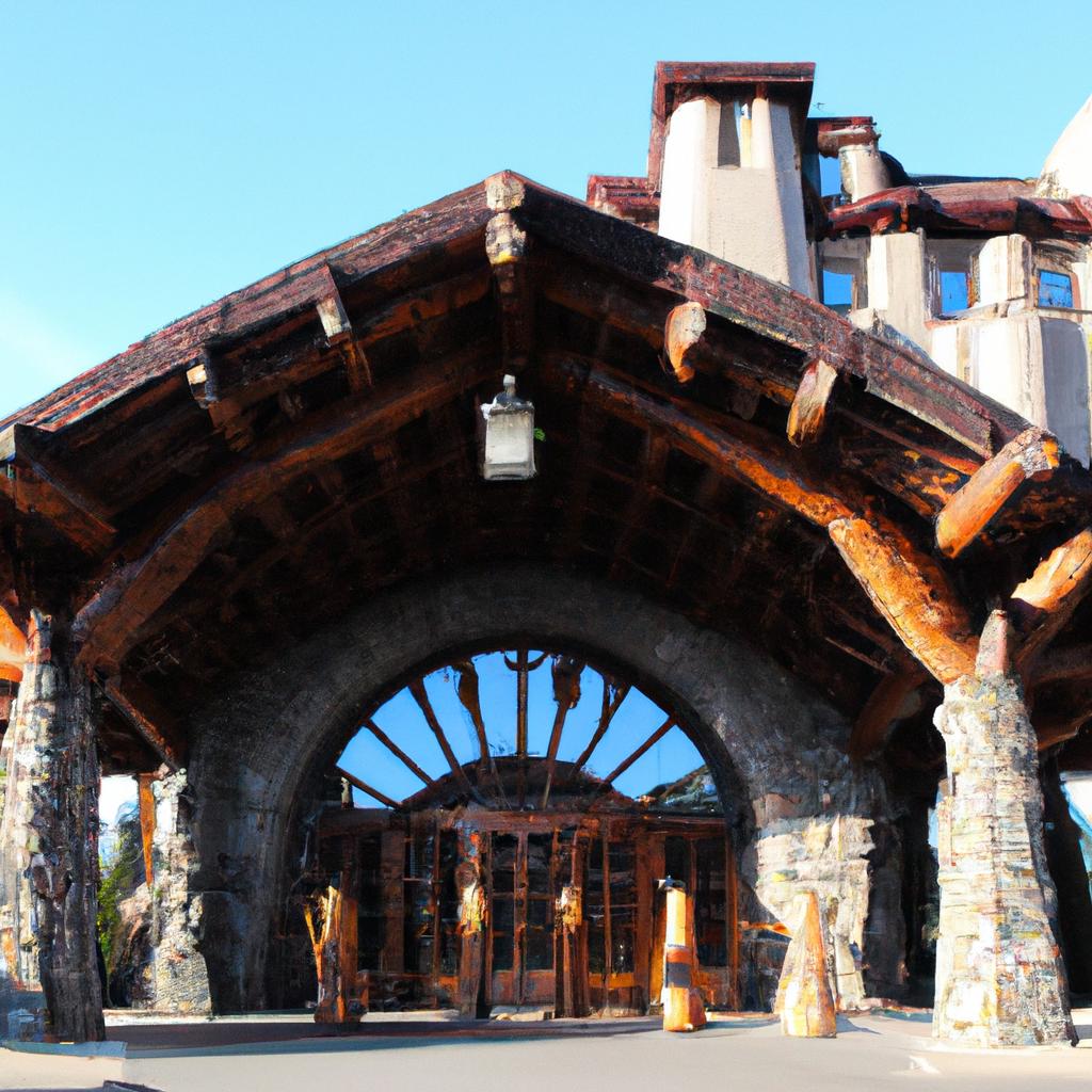 Our hotel's grand entrance welcomes guests with its rustic charm and elegance.