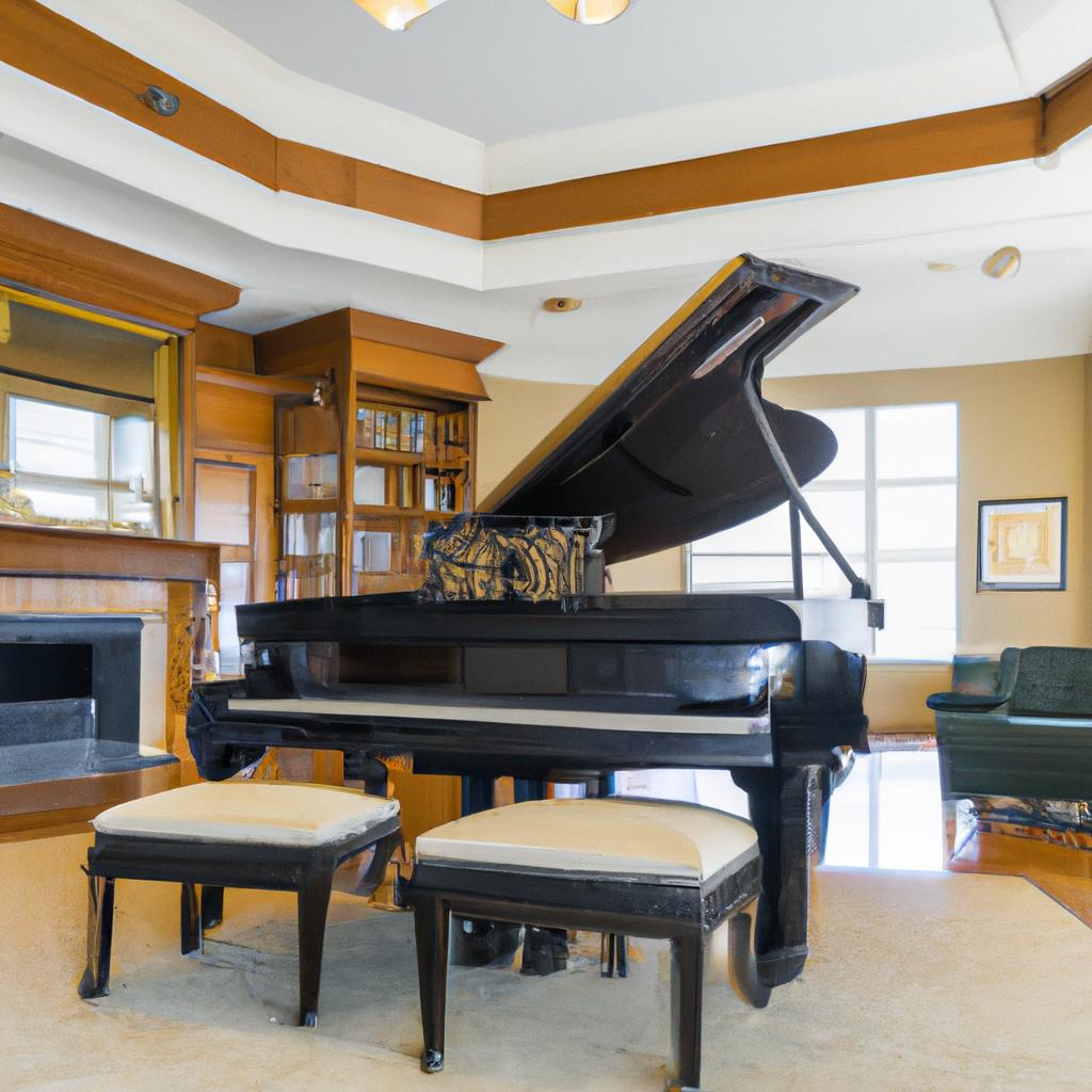 This grand house piano takes center stage in this spacious music room