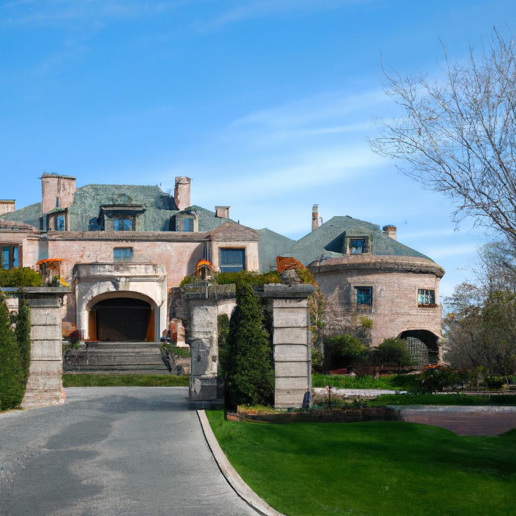 A majestic mansion with a grand entrance and a lush riverside estate