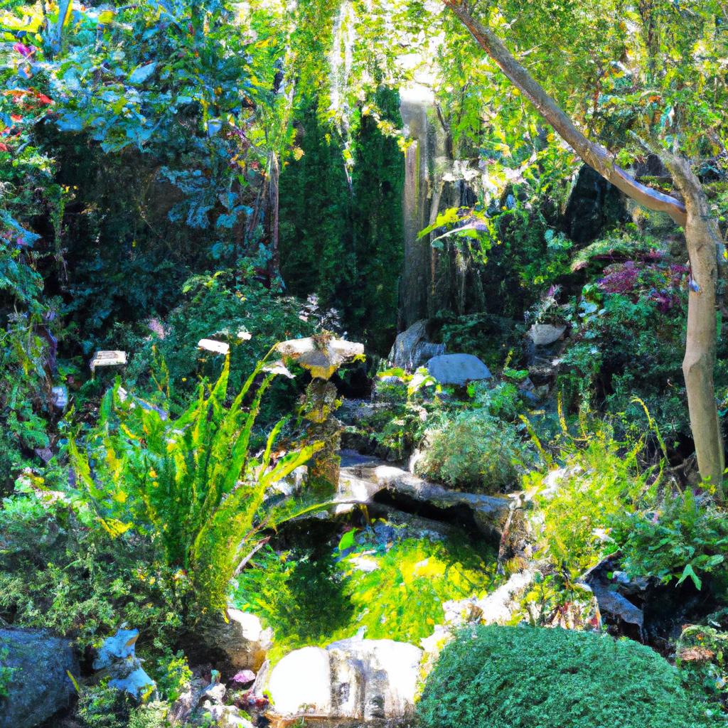 A lush green garden with a small pond and fountain.