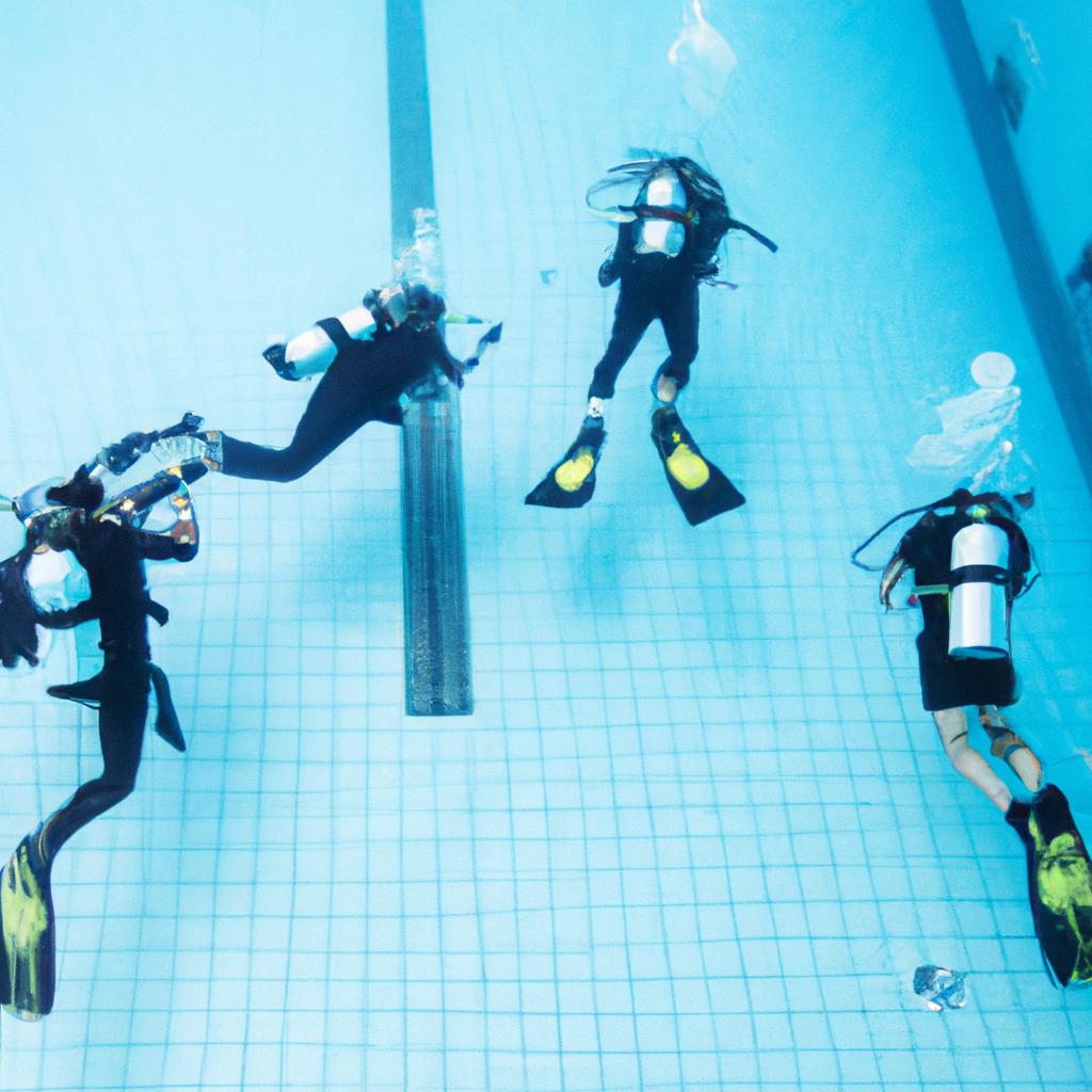 Divers practicing their skills in the deep end of the deepest diving pool