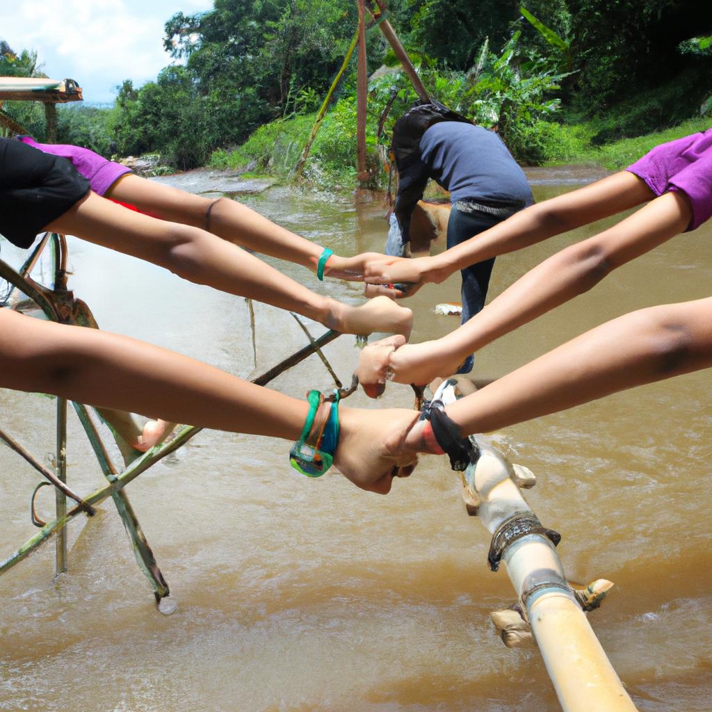 A bridge held by hands created by a group of people over a river