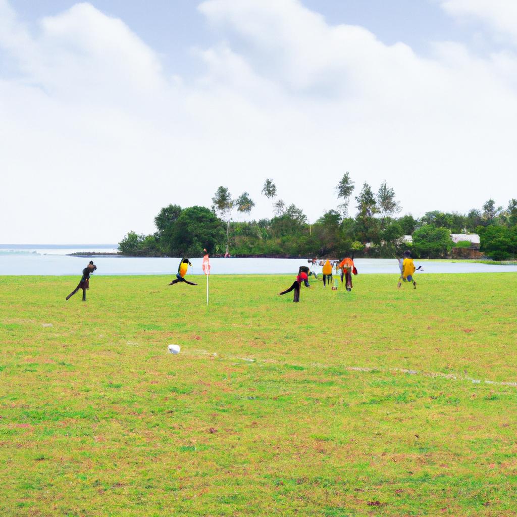 The energetic players enjoy a game of soccer on the picturesque island soccer field