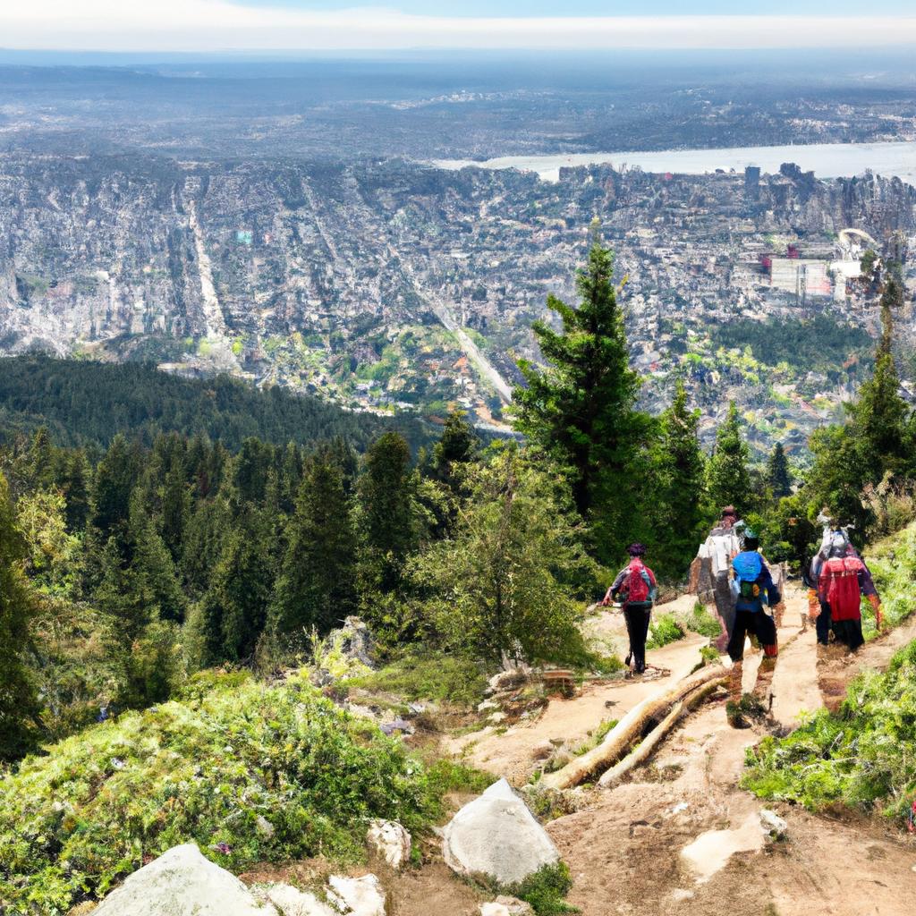 Hiking up Grouse Mountain Trail with a view of Vancouver