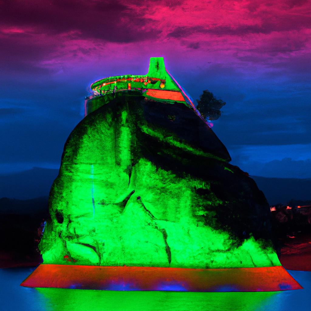 Guatapé Rock transformed into a sci-fi wonder with neon lights